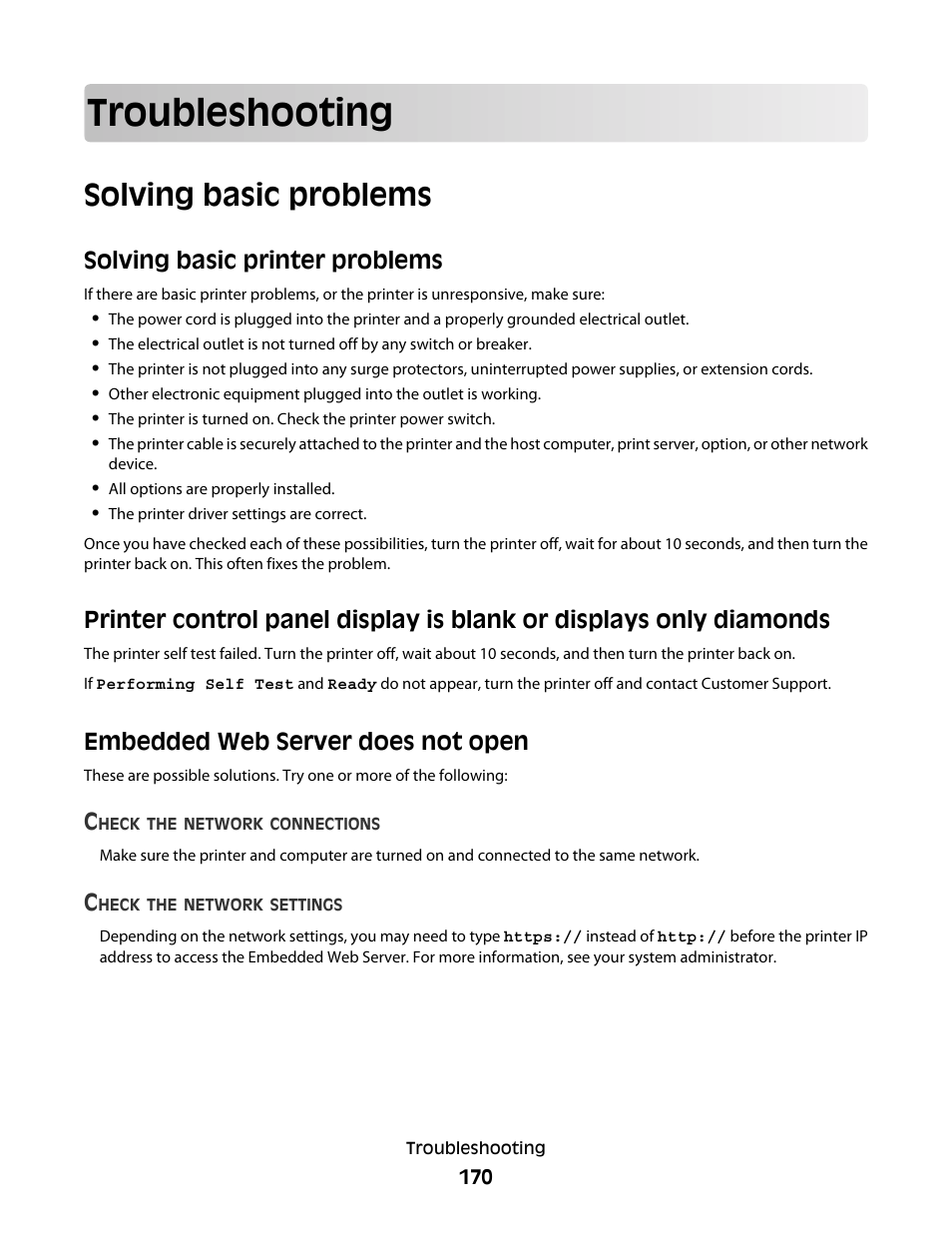 Troubleshooting, Solving basic problems, Solving basic printer problems | Embedded web server does not open | Dell 5530/dn Mono Laser Printer User Manual | Page 170 / 207