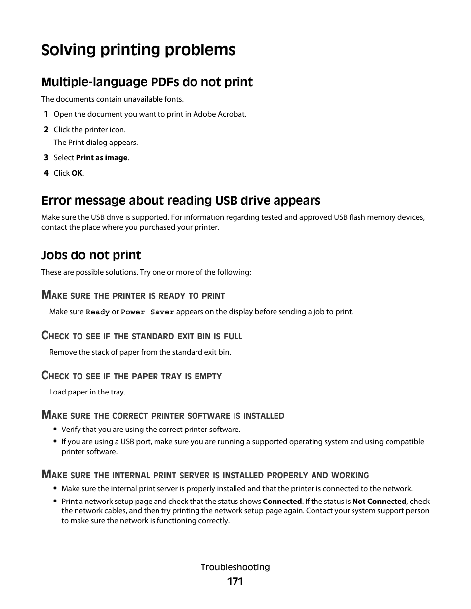 Solving printing problems, Multiple-language pdfs do not print, Error message about reading usb drive appears | Jobs do not print | Dell 5530/dn Mono Laser Printer User Manual | Page 171 / 207