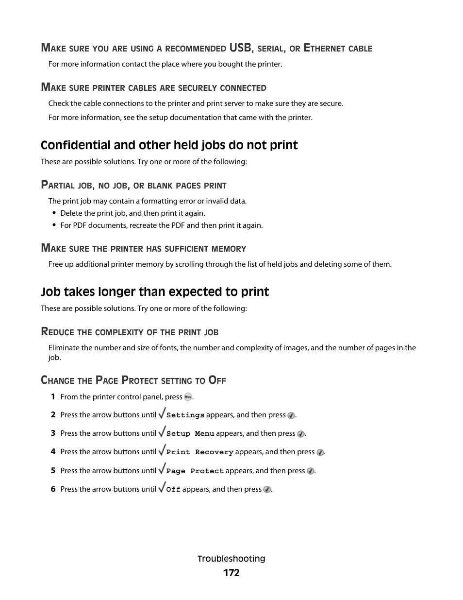 Confidential and other held jobs do not print, Job takes longer than expected to print | Dell 5530/dn Mono Laser Printer User Manual | Page 172 / 207