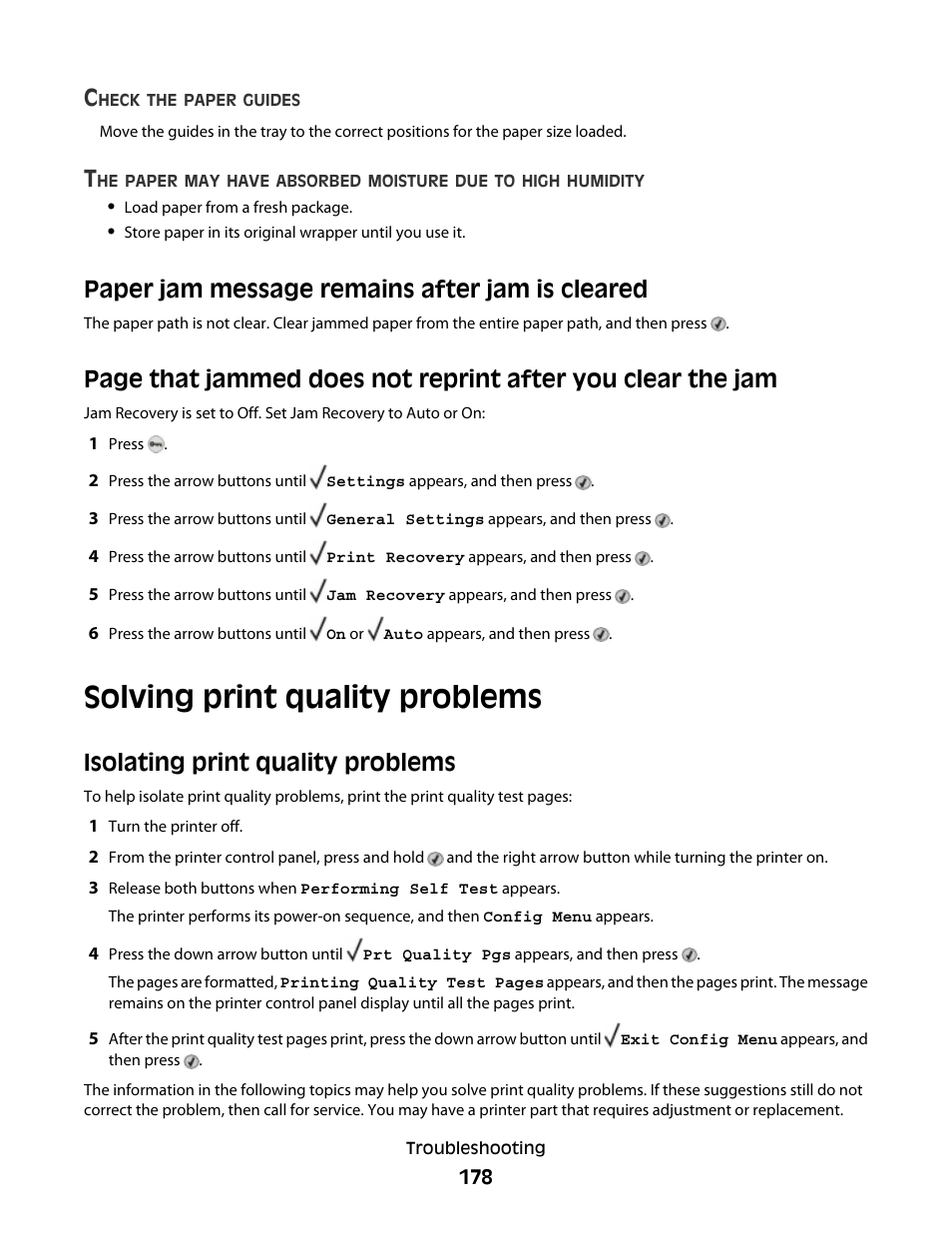 Paper jam message remains after jam is cleared, Solving print quality problems, Isolating print quality problems | Dell 5530/dn Mono Laser Printer User Manual | Page 178 / 207