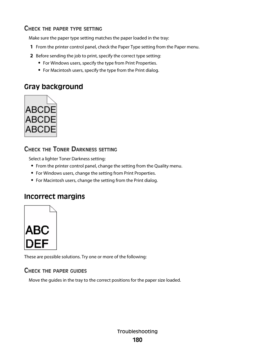 Gray background, Incorrect margins, Gray background incorrect margins | Gray background c | Dell 5530/dn Mono Laser Printer User Manual | Page 180 / 207