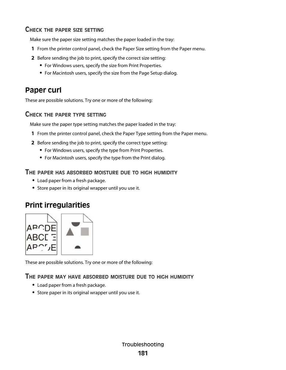 Paper curl, Print irregularities, Paper curl print irregularities | Dell 5530/dn Mono Laser Printer User Manual | Page 181 / 207