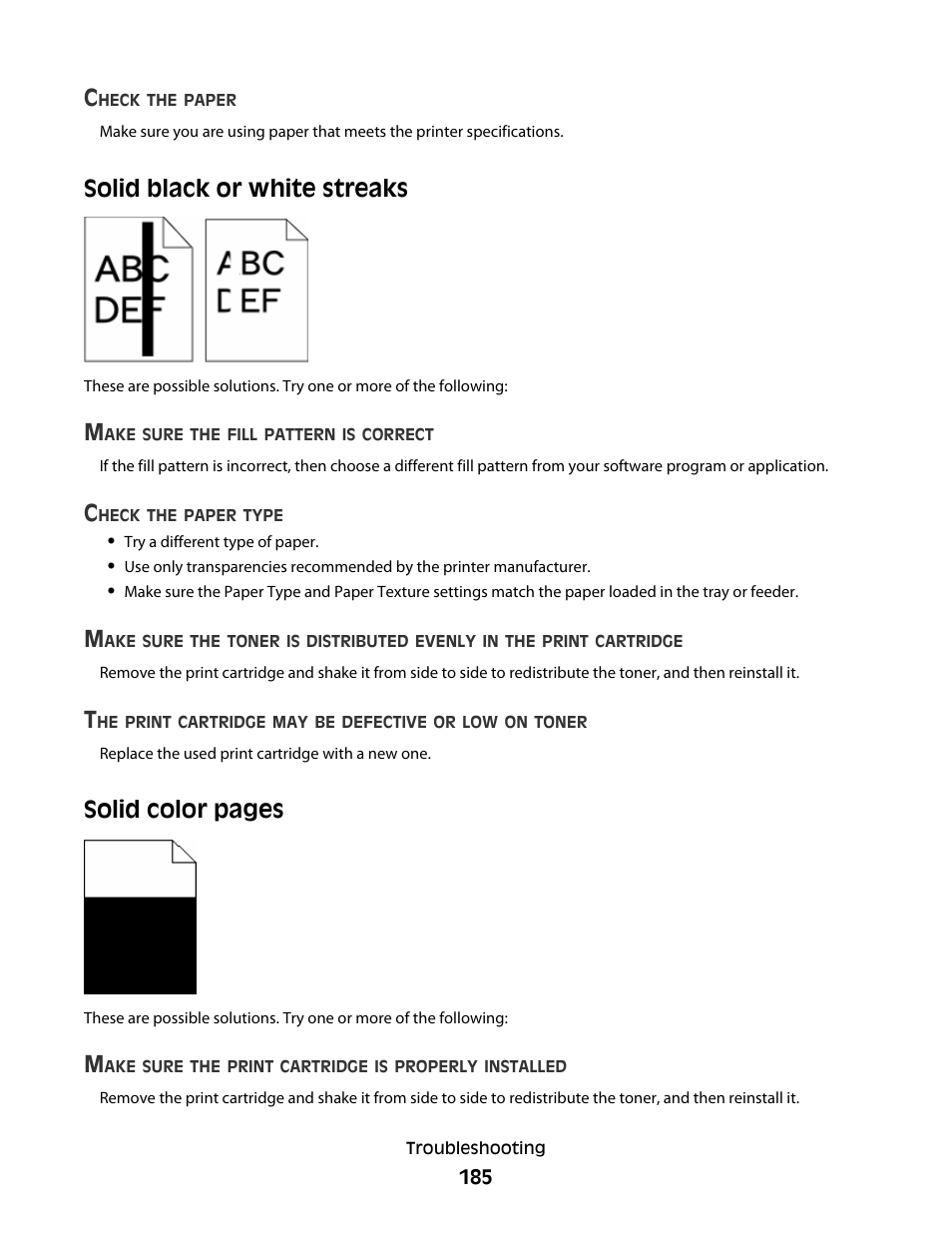 Solid black or white streaks, Solid color pages | Dell 5530/dn Mono Laser Printer User Manual | Page 185 / 207