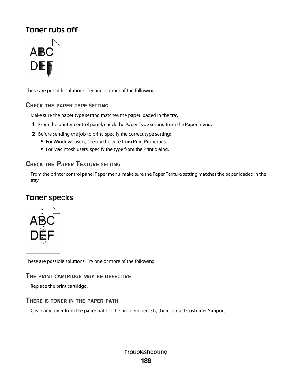 Toner rubs off, Toner specks, Toner rubs off toner specks | Dell 5530/dn Mono Laser Printer User Manual | Page 188 / 207