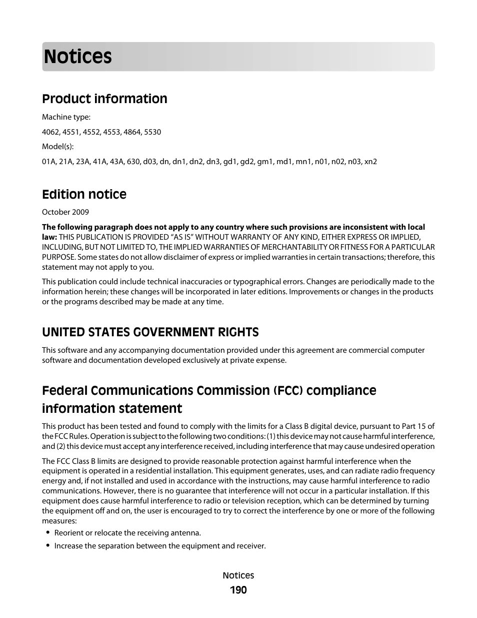 Notices, Product information, Edition notice | United states government rights, Product information edition notice | Dell 5530/dn Mono Laser Printer User Manual | Page 190 / 207