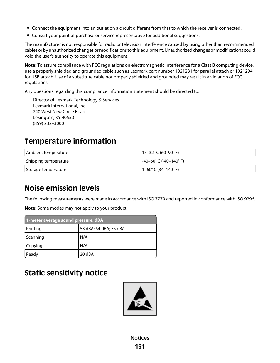Temperature information, Noise emission levels, Static sensitivity notice | Dell 5530/dn Mono Laser Printer User Manual | Page 191 / 207
