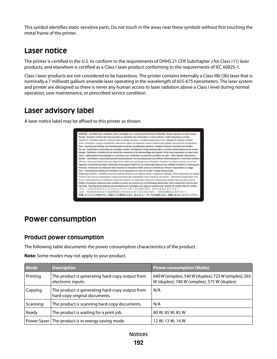 Laser notice, Laser advisory label, Power consumption | Product power consumption | Dell 5530/dn Mono Laser Printer User Manual | Page 192 / 207