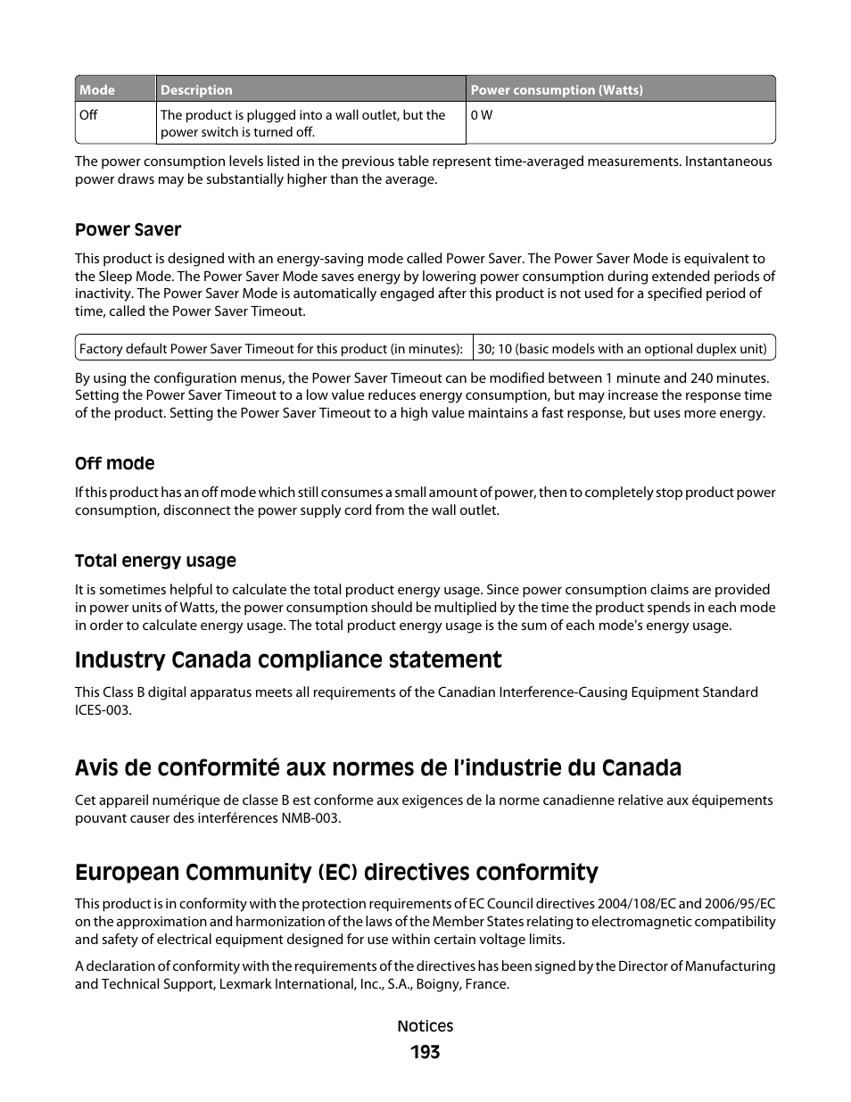 Power saver, Off mode, Total energy usage | European community (ec) directives conformity, Industry canada compliance statement | Dell 5530/dn Mono Laser Printer User Manual | Page 193 / 207
