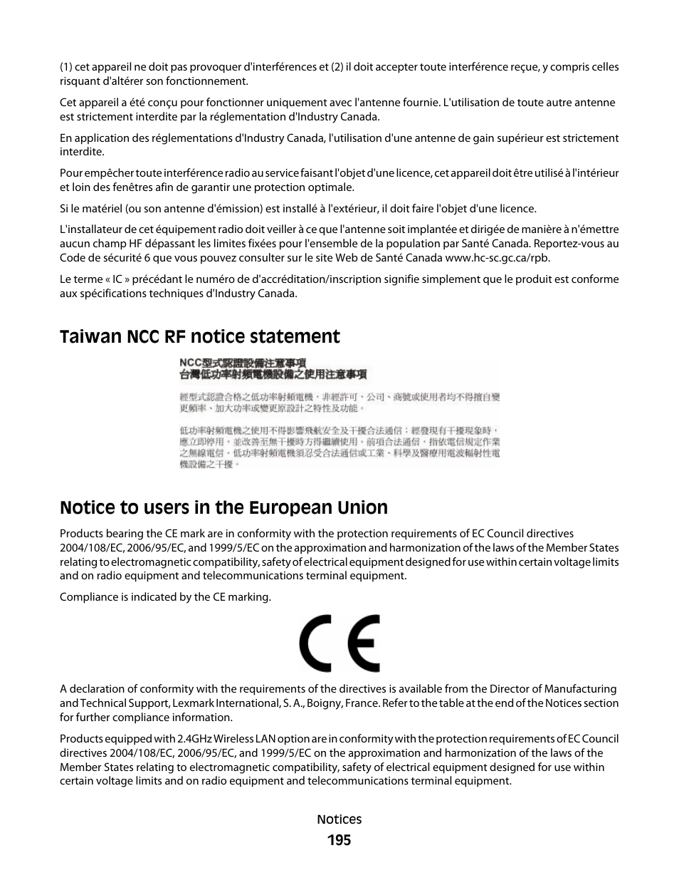 Taiwan ncc rf notice statement, Notice to users in the european union | Dell 5530/dn Mono Laser Printer User Manual | Page 195 / 207