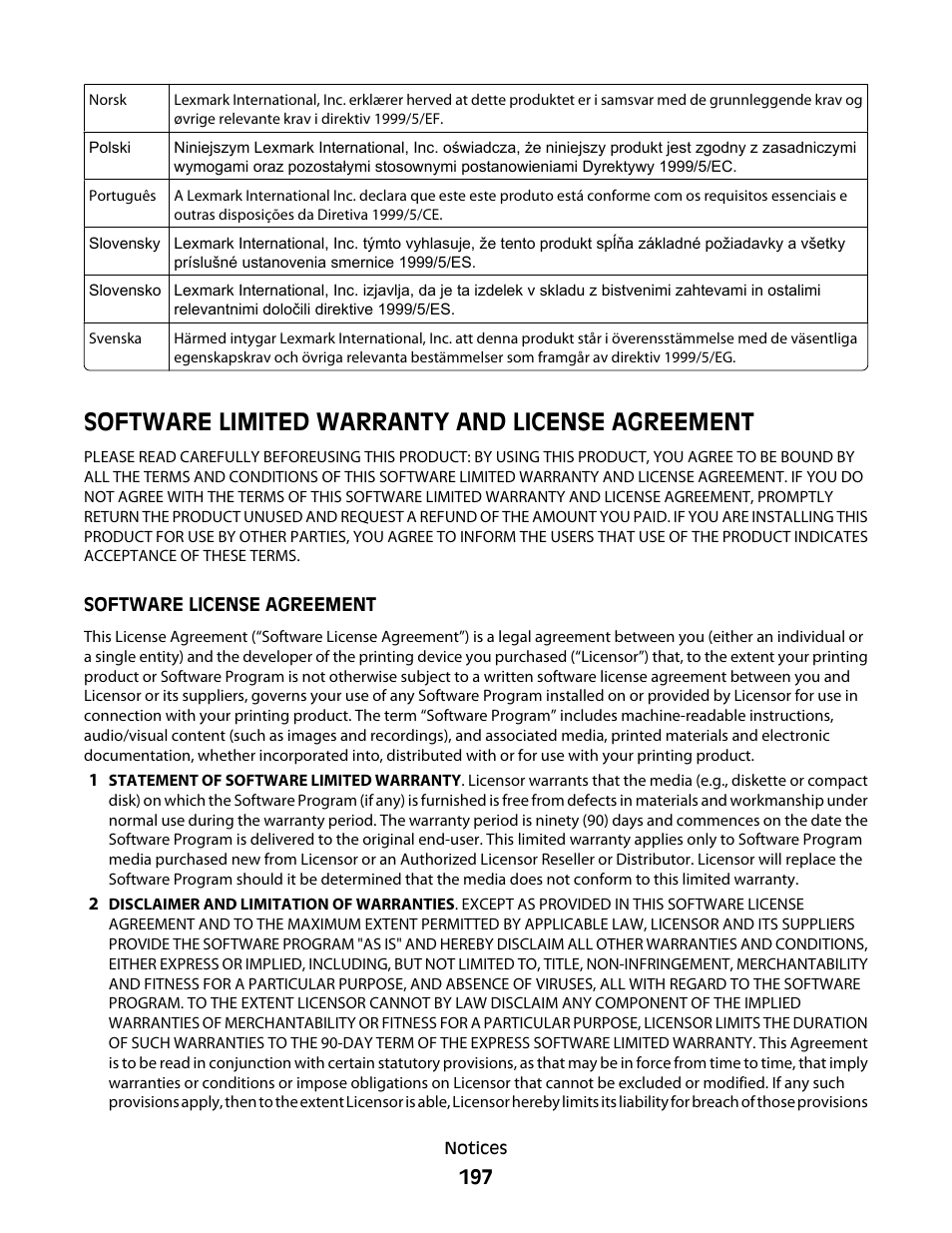 Software limited warranty and license agreement | Dell 5530/dn Mono Laser Printer User Manual | Page 197 / 207