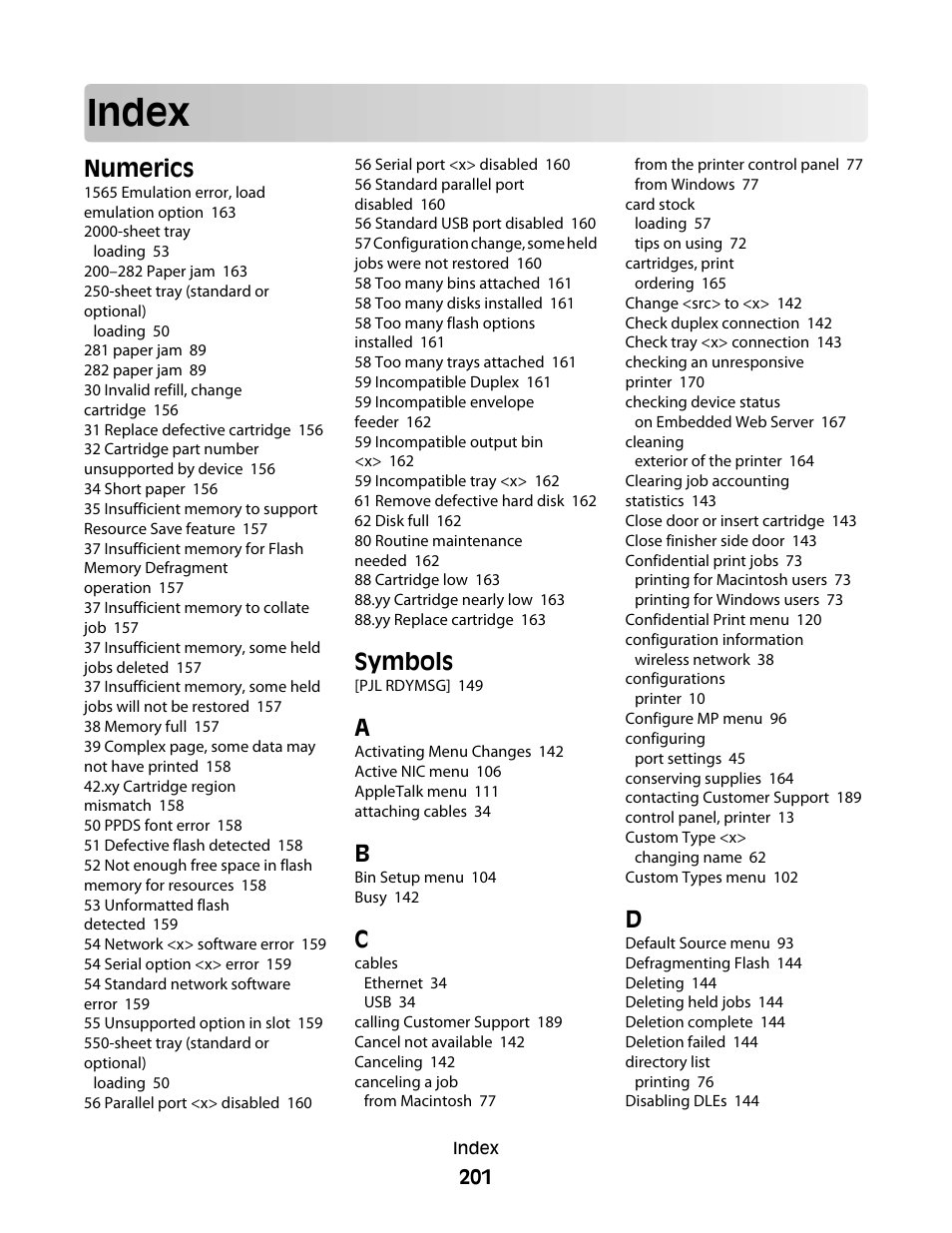 Index, Numerics, Symbols | Dell 5530/dn Mono Laser Printer User Manual | Page 201 / 207