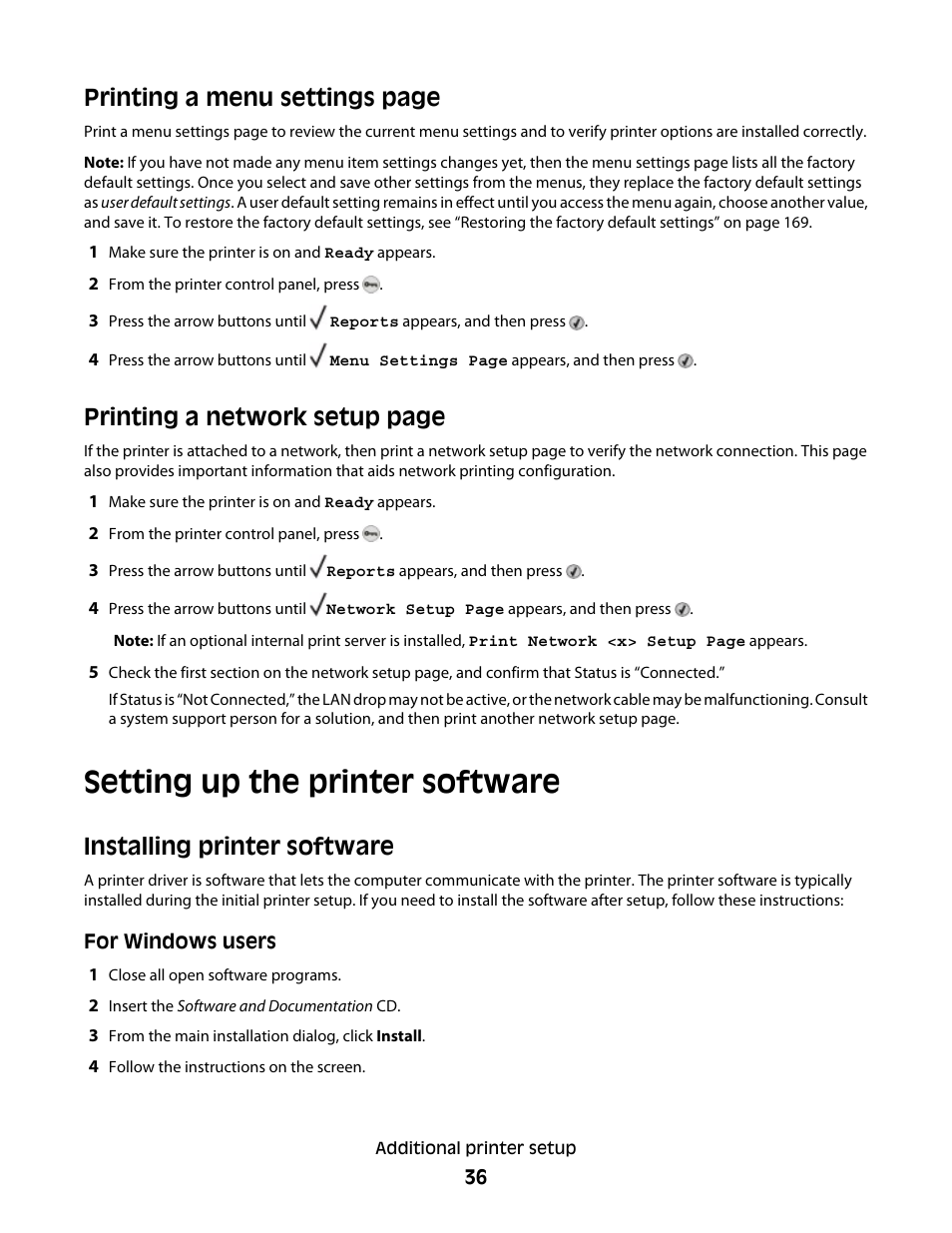 Setting up the printer software, Installing printer software, Printing a menu settings page | Printing a network setup page | Dell 5530/dn Mono Laser Printer User Manual | Page 36 / 207