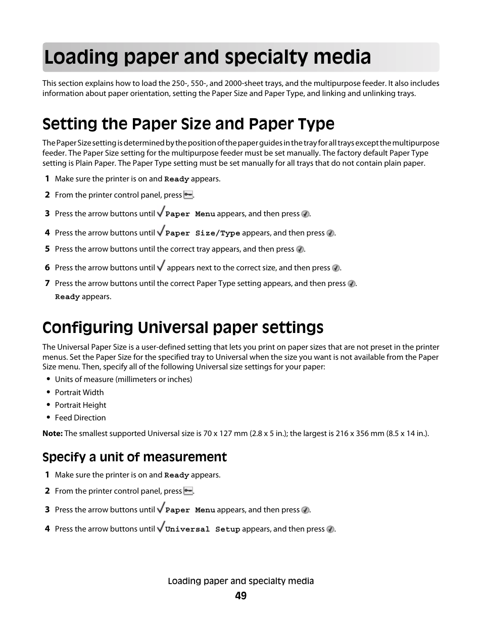 Loading paper and specialty media, Setting the paper size and paper type, Configuring universal paper settings | Specify a unit of measurement | Dell 5530/dn Mono Laser Printer User Manual | Page 49 / 207