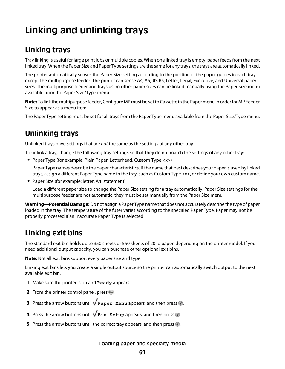 Linking and unlinking trays, Linking trays, Unlinking trays | Linking exit bins, Linking trays unlinking trays linking exit bins | Dell 5530/dn Mono Laser Printer User Manual | Page 61 / 207