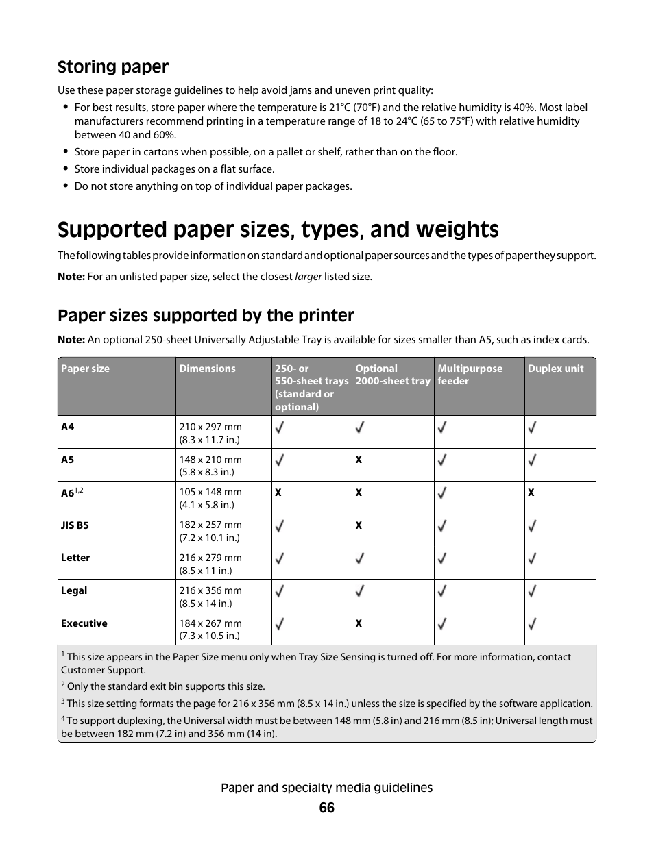 Storing paper, Supported paper sizes, types, and weights, Paper sizes supported by the printer | Dell 5530/dn Mono Laser Printer User Manual | Page 66 / 207
