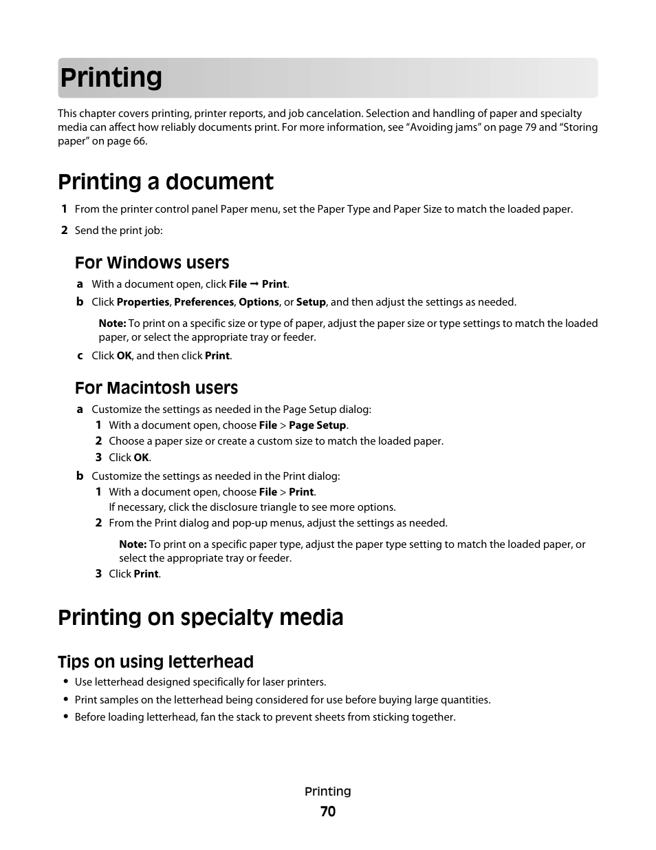 Printing, Printing a document, Printing on specialty media | Tips on using letterhead, Printing a document printing on specialty media, For windows users, For macintosh users | Dell 5530/dn Mono Laser Printer User Manual | Page 70 / 207