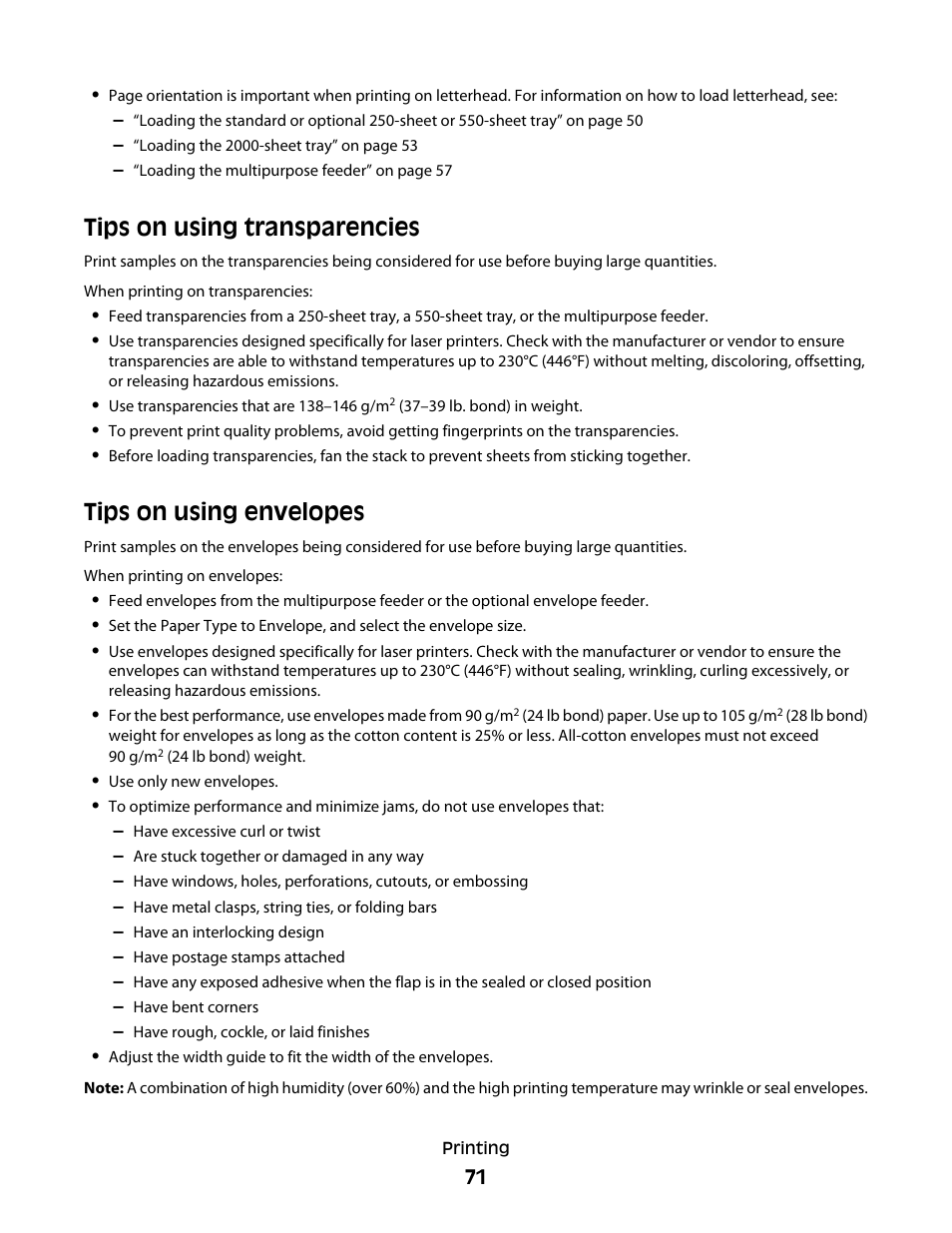 Tips on using transparencies, Tips on using envelopes | Dell 5530/dn Mono Laser Printer User Manual | Page 71 / 207