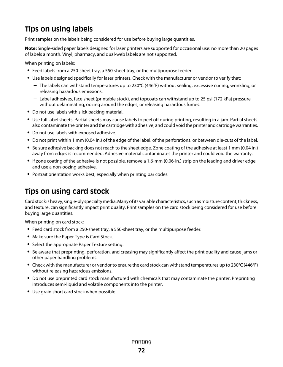 Tips on using labels, Tips on using card stock, Tips on using labels tips on using card stock | Dell 5530/dn Mono Laser Printer User Manual | Page 72 / 207