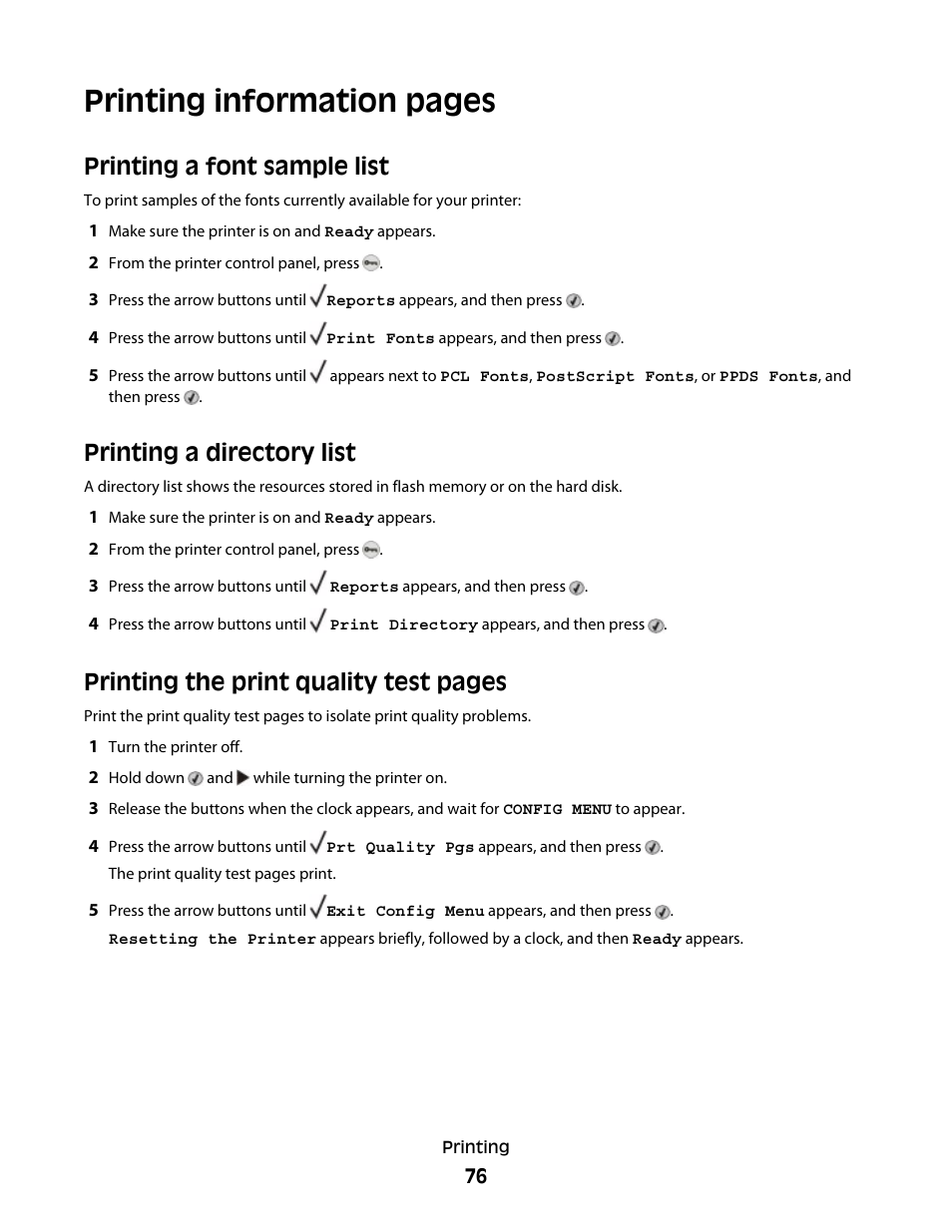 Printing a font sample list, Printing a directory list, Printing information pages | Printing the print quality test pages | Dell 5530/dn Mono Laser Printer User Manual | Page 76 / 207