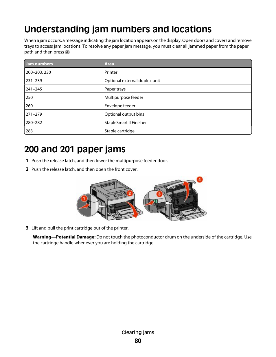 Understanding jam numbers and locations, 200 and 201 paper jams | Dell 5530/dn Mono Laser Printer User Manual | Page 80 / 207
