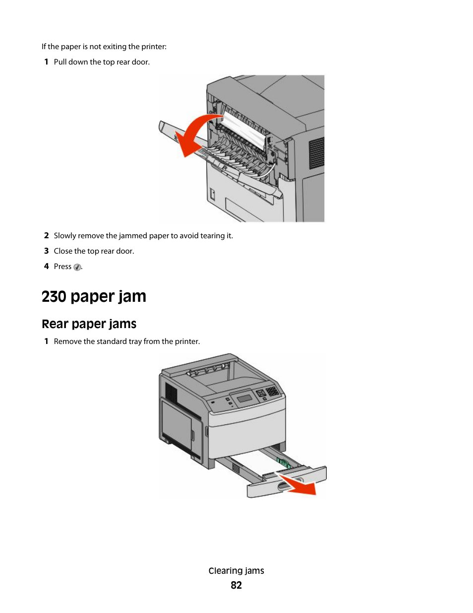 230 paper jam, Rear paper jams | Dell 5530/dn Mono Laser Printer User Manual | Page 82 / 207