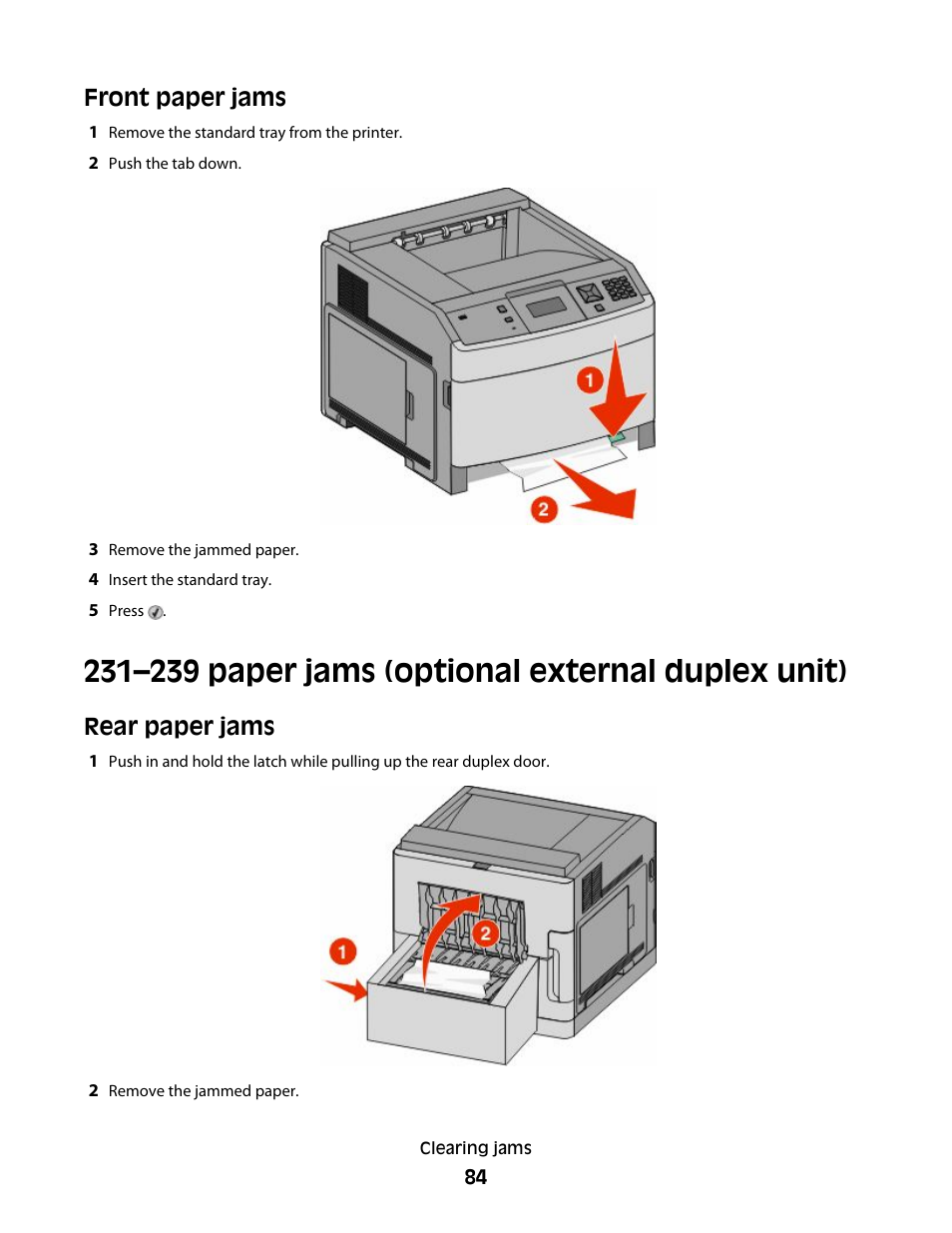 231–239 paper jams (optional external duplex unit), Front paper jams, Rear paper jams | Dell 5530/dn Mono Laser Printer User Manual | Page 84 / 207