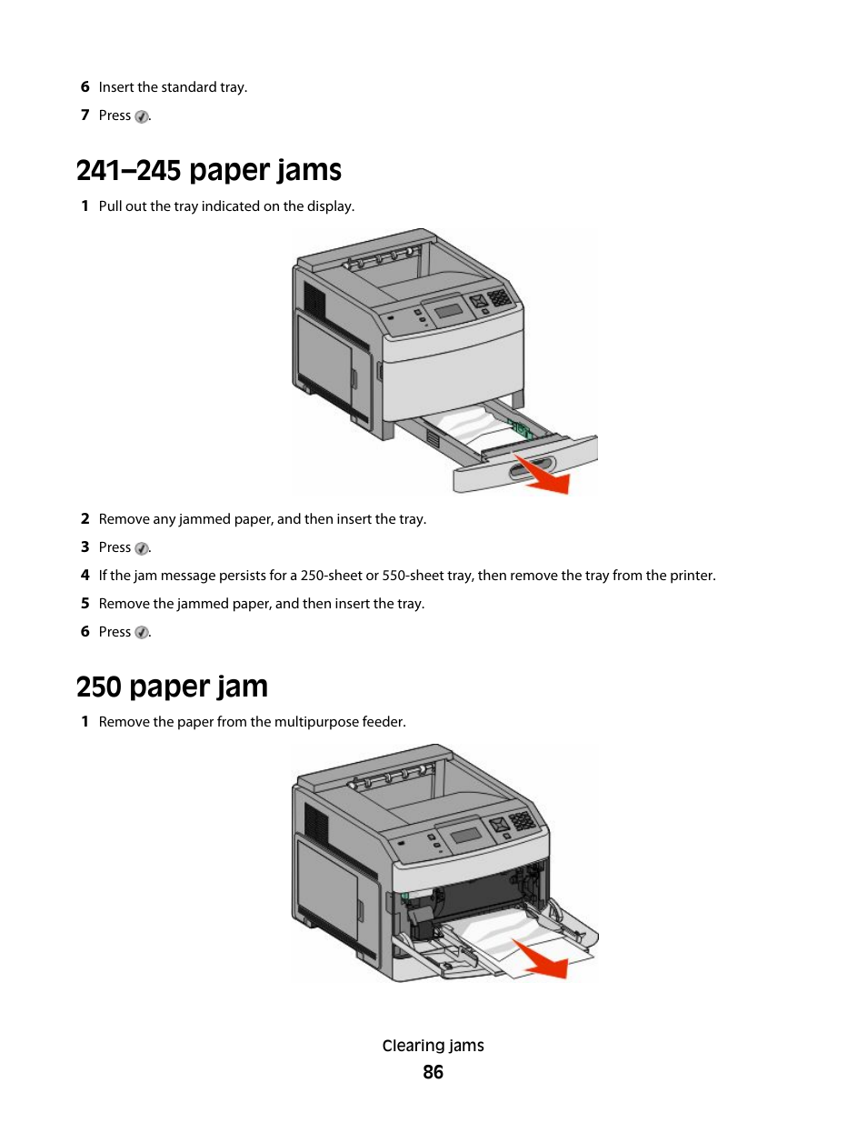 241–245 paper jams, 250 paper jam, 241–245 paper jams 250 paper jam | Dell 5530/dn Mono Laser Printer User Manual | Page 86 / 207