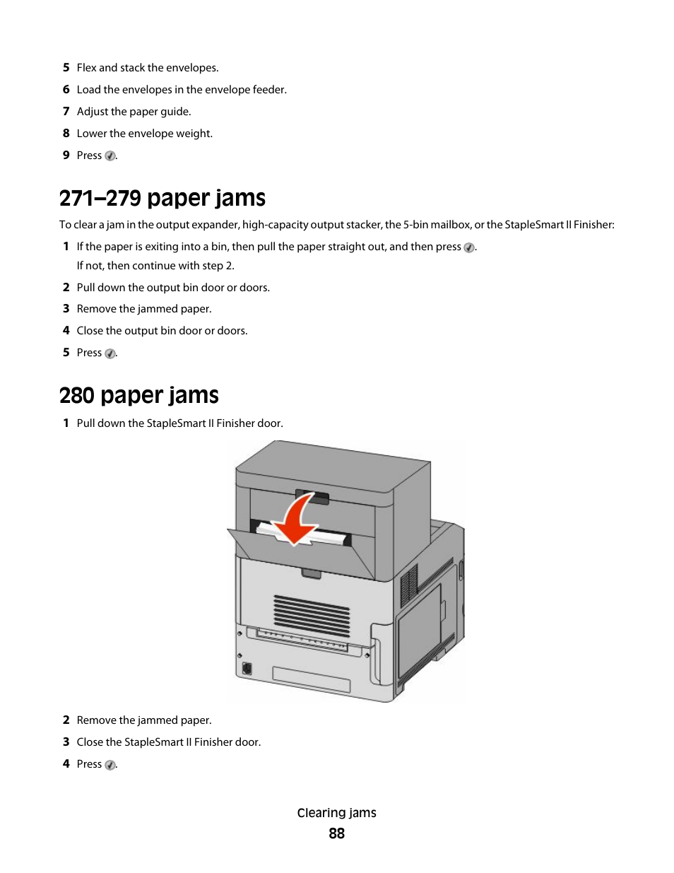 271–279 paper jams, 280 paper jams, 271–279 paper jams 280 paper jams | Dell 5530/dn Mono Laser Printer User Manual | Page 88 / 207