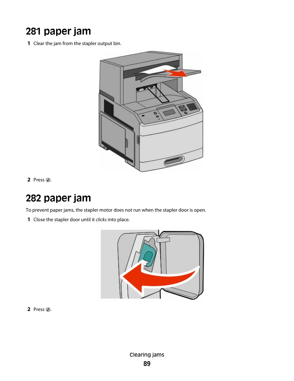 281 paper jam, 282 paper jam, 281 paper jam 282 paper jam | Dell 5530/dn Mono Laser Printer User Manual | Page 89 / 207