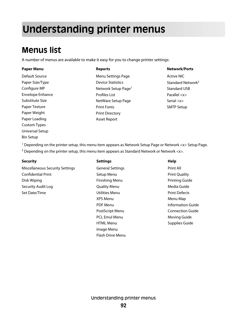 Understanding printer menus, Menus list | Dell 5530/dn Mono Laser Printer User Manual | Page 92 / 207