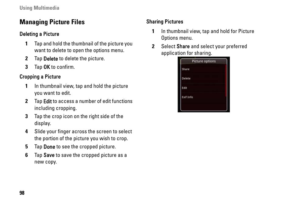 Managing picture files | Dell MINI 3IX User Manual | Page 100 / 145