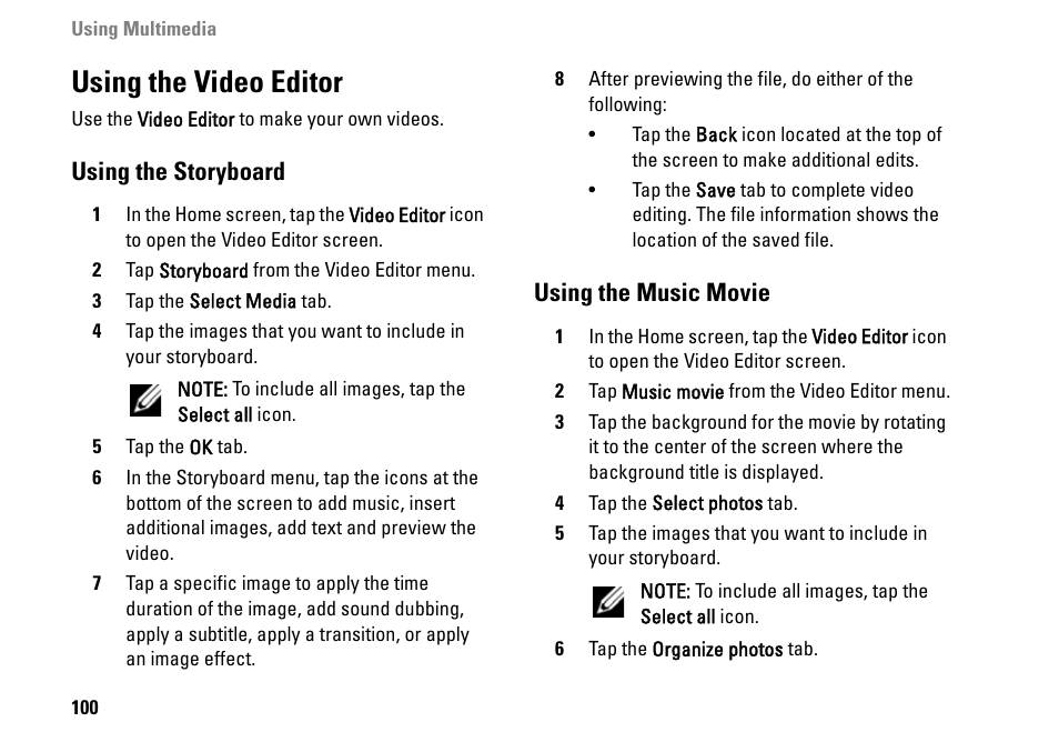 Using the video editor, Using the storyboard, Using the music movie | Dell MINI 3IX User Manual | Page 102 / 145