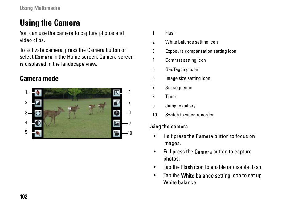 Using the camera, Camera mode | Dell MINI 3IX User Manual | Page 104 / 145