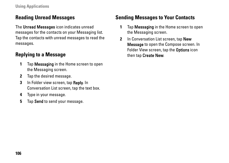 Reading unread messages, Replying to a message, Sending messages to your contacts | Dell MINI 3IX User Manual | Page 108 / 145