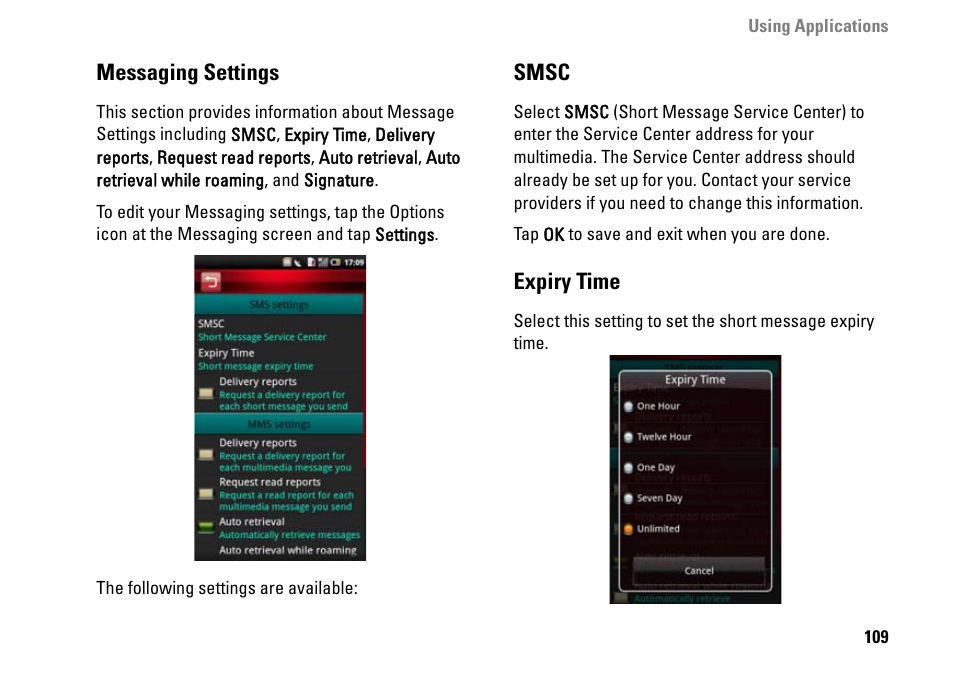 Messaging settings, Smsc, Expiry time | Expire time | Dell MINI 3IX User Manual | Page 111 / 145