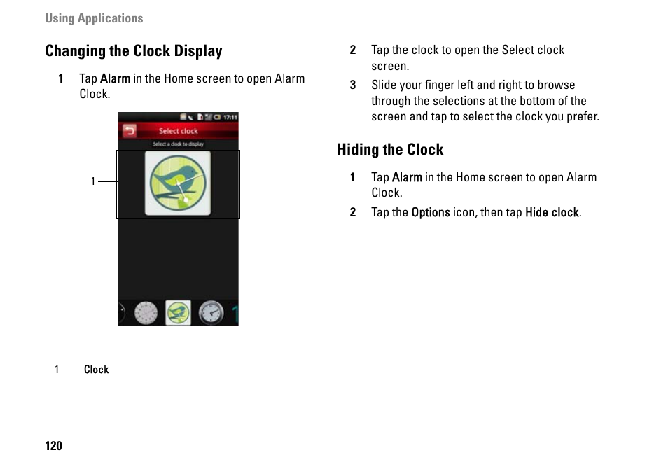 Changing the clock display, Hiding the clock | Dell MINI 3IX User Manual | Page 122 / 145