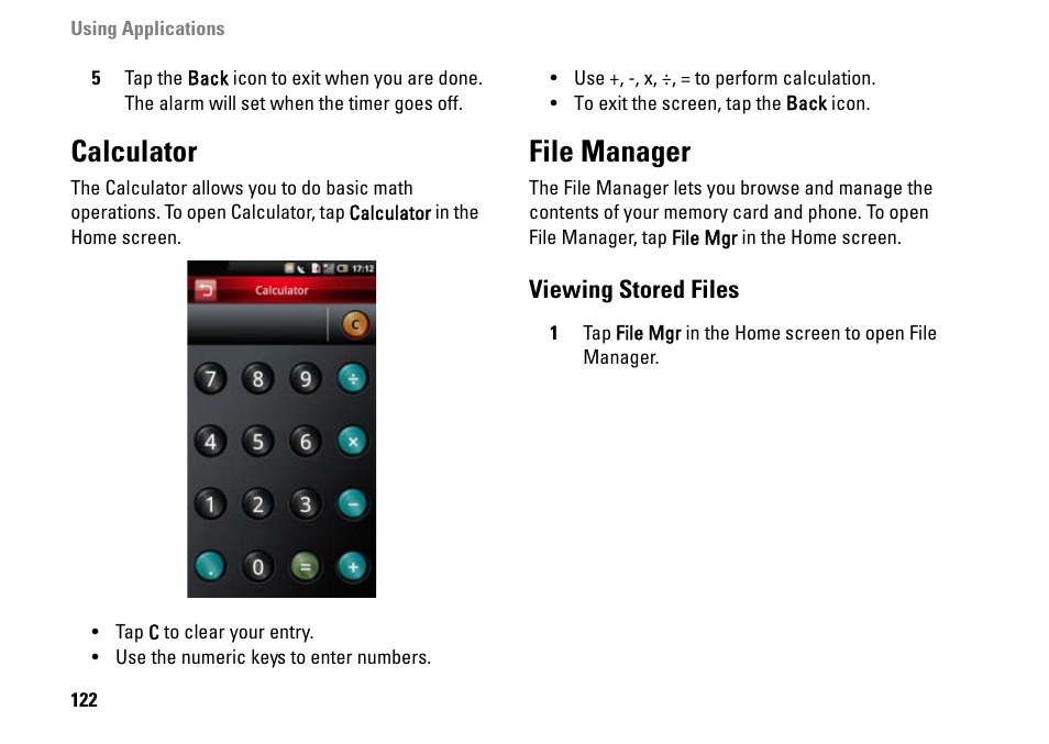 Calculator, File manager, Viewing stored files | Dell MINI 3IX User Manual | Page 124 / 145