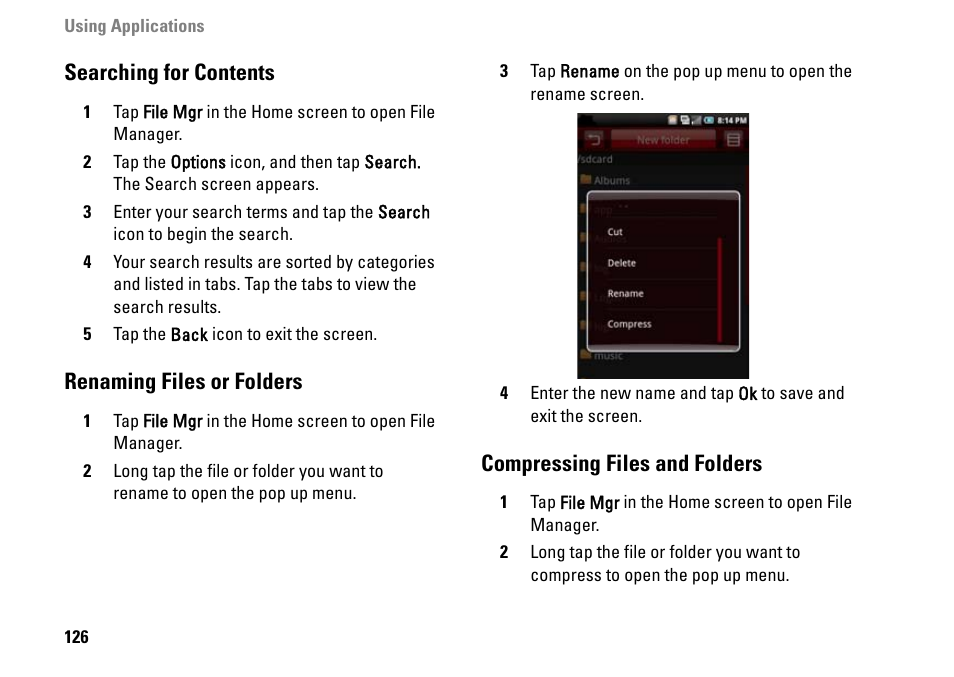 Searching for contents, Renaming files or folders, Compressing files and folders | Dell MINI 3IX User Manual | Page 128 / 145