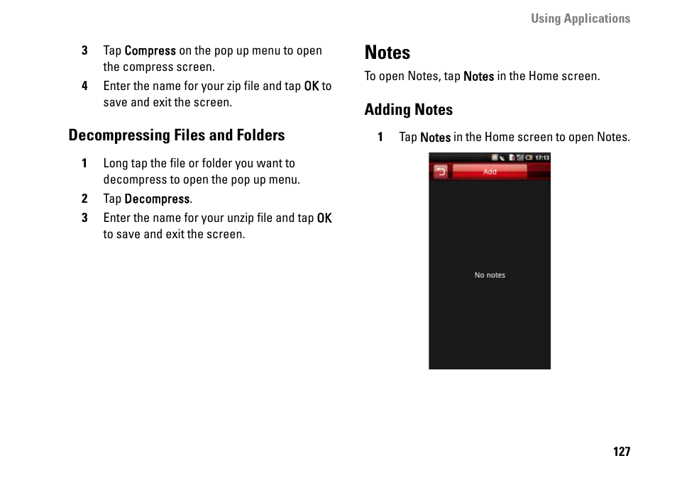 Decompressing files and folders, Notes, Adding notes | Dell MINI 3IX User Manual | Page 129 / 145