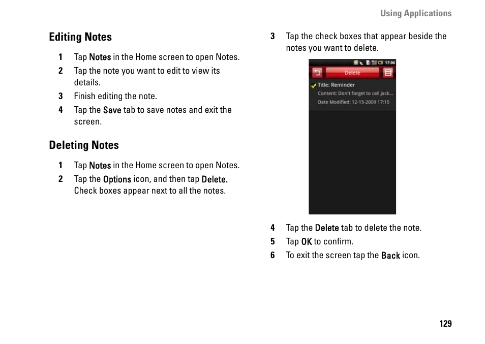 Editing notes, Deleting notes | Dell MINI 3IX User Manual | Page 131 / 145