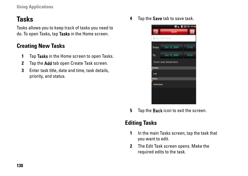 Tasks, Creating new tasks, Editing tasks | Dell MINI 3IX User Manual | Page 132 / 145