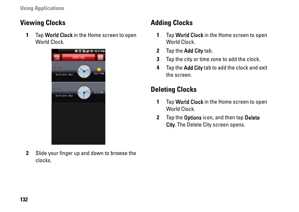 Viewing clocks, Adding clocks, Deleting clocks | Dell MINI 3IX User Manual | Page 134 / 145
