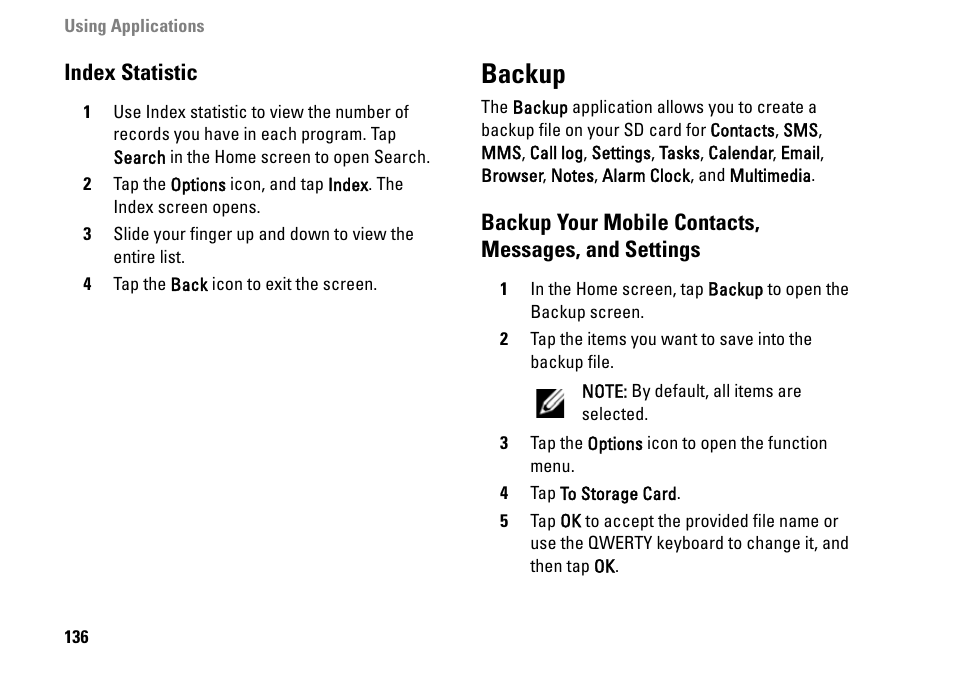 Index statistic, Backup, Backup your mobile contacts | Messages, and settings | Dell MINI 3IX User Manual | Page 138 / 145
