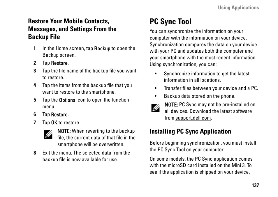 Pc sync tool, Installing pc sync application, Restore your mobile contacts | Messages, and settings from the, Backup file | Dell MINI 3IX User Manual | Page 139 / 145