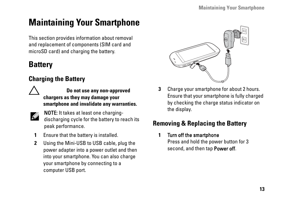 Maintaining your smartphone, Battery, Charging the battery | Removing & replacing the battery | Dell MINI 3IX User Manual | Page 15 / 145