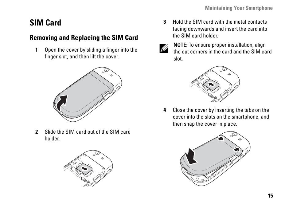 Sim card, Removing and replacing the sim card, Removing and replacing | Dell MINI 3IX User Manual | Page 17 / 145