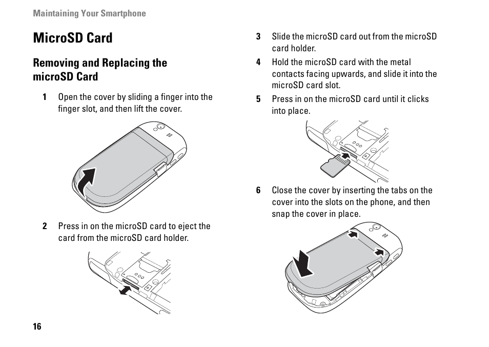 Microsd card, Removing and replacing the microsd card, Removing and replacing the | Dell MINI 3IX User Manual | Page 18 / 145