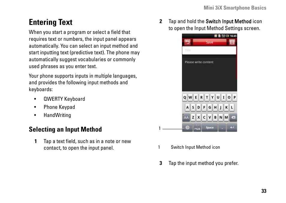 Entering text, Selecting an input method | Dell MINI 3IX User Manual | Page 35 / 145