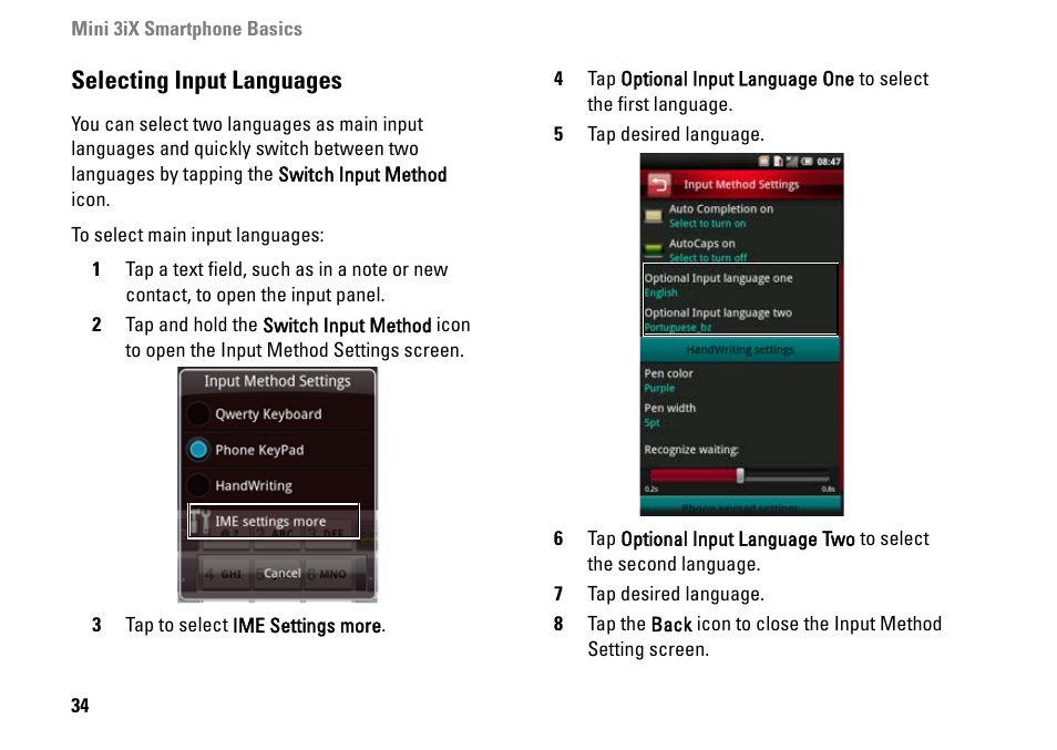 Selecting input languages | Dell MINI 3IX User Manual | Page 36 / 145