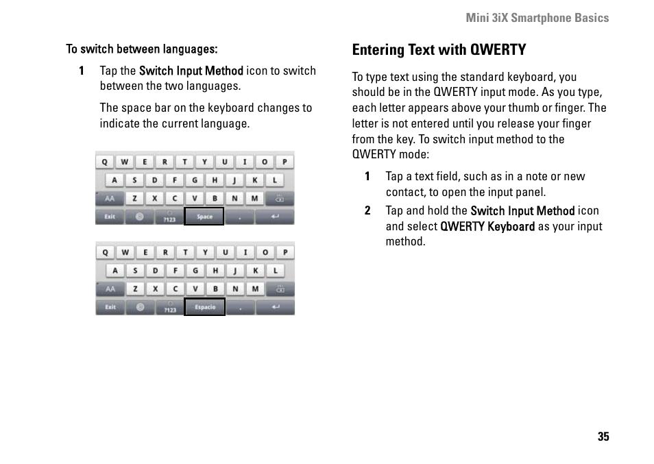Entering text with qwerty | Dell MINI 3IX User Manual | Page 37 / 145